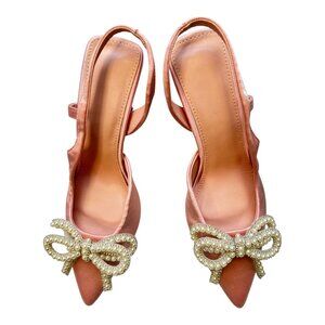 Blush Pink Satin Slin5gback Heels with Pearl Bow – EU 35 / US